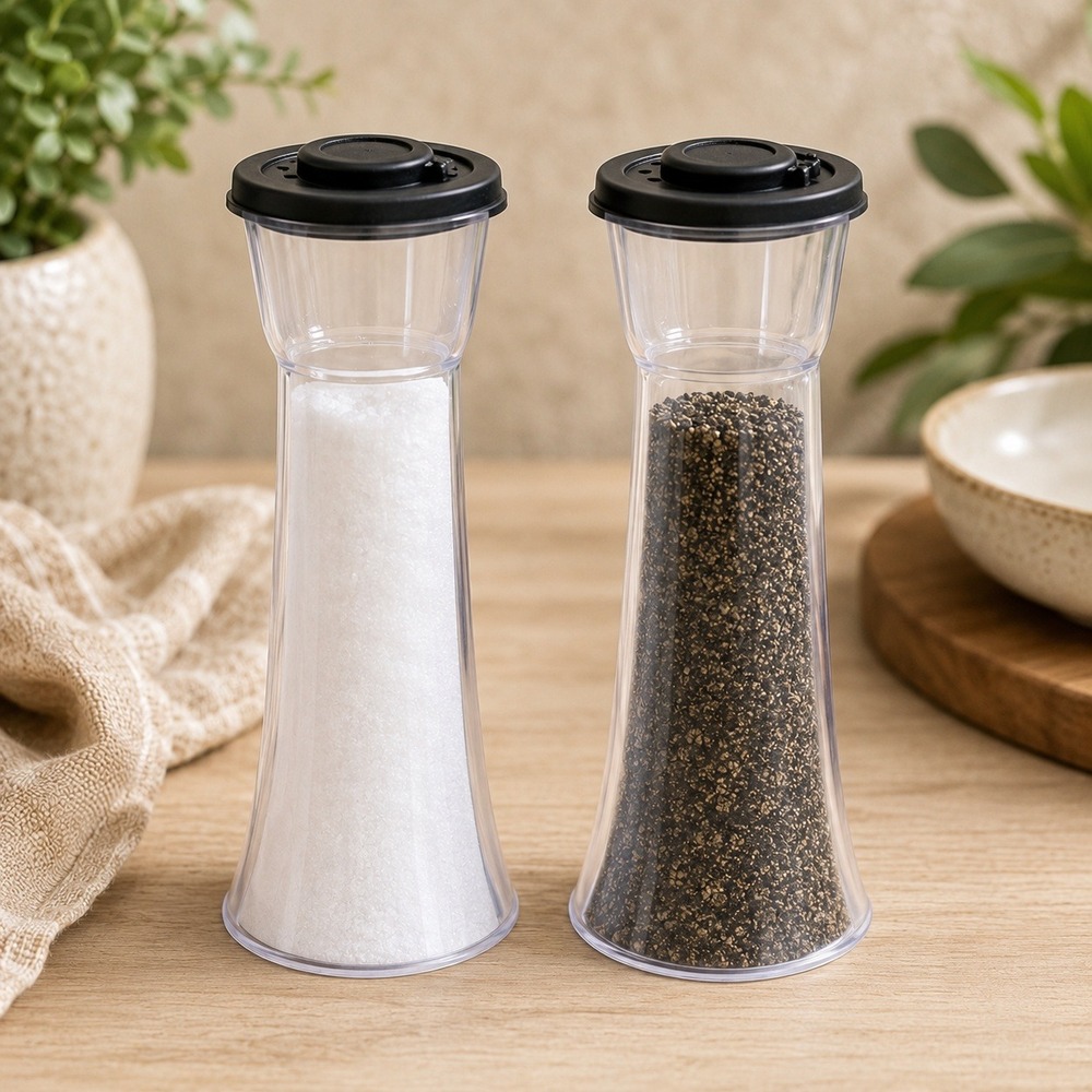 Hourglass Salt and Pepper Shakers Plastic Set Clear Black Flip Top Seals NEW